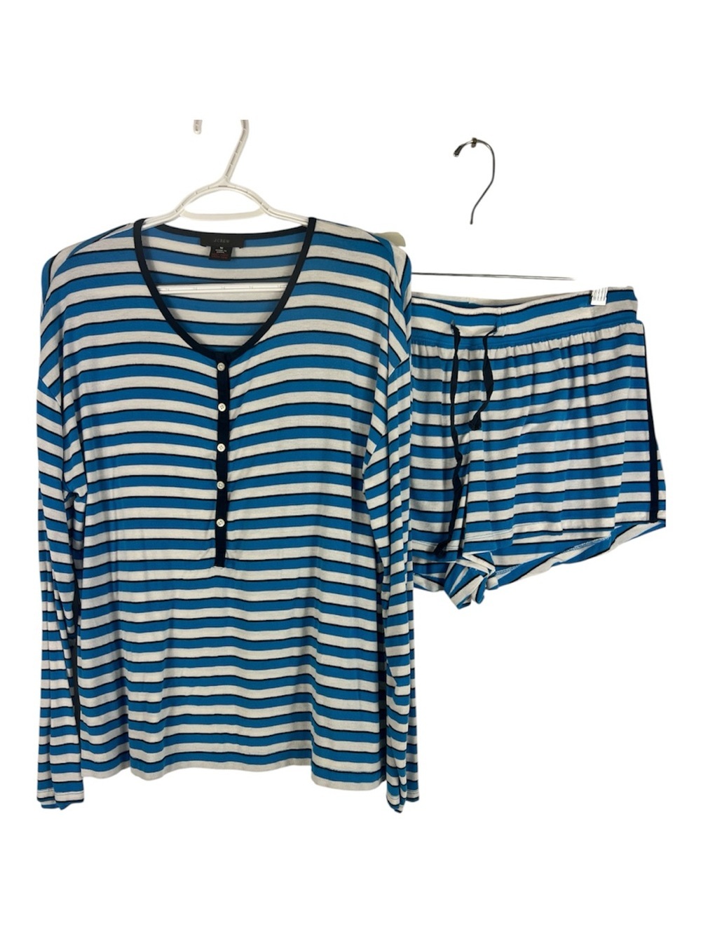 J. Crew Sz M Pajamas Henley Top w/Shorts Blue & White Stripes